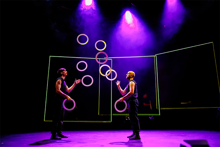 The performers of Escalate delivering an unforgettable juggling act at Circus Oz Hub, Collingwood.