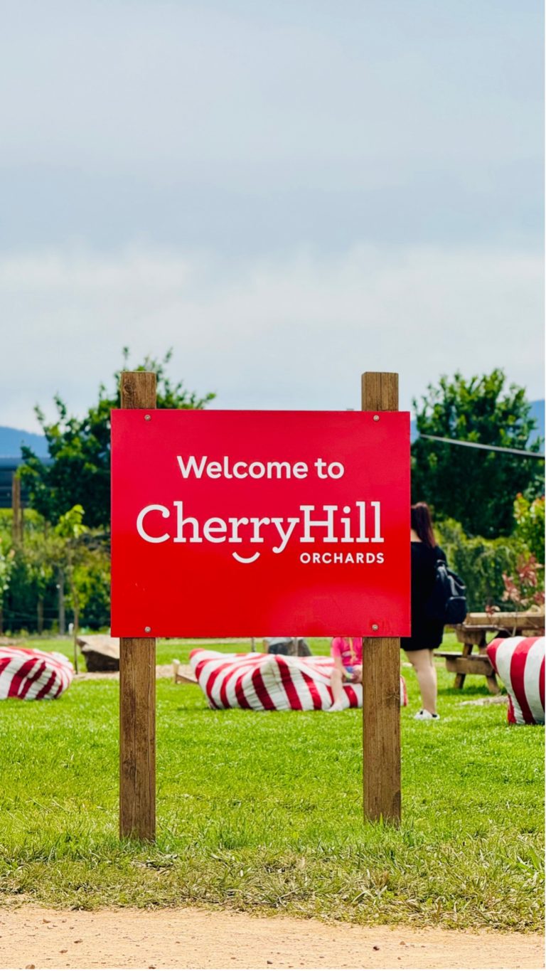 Welcome sign at CherryHill Orchards Coldstream