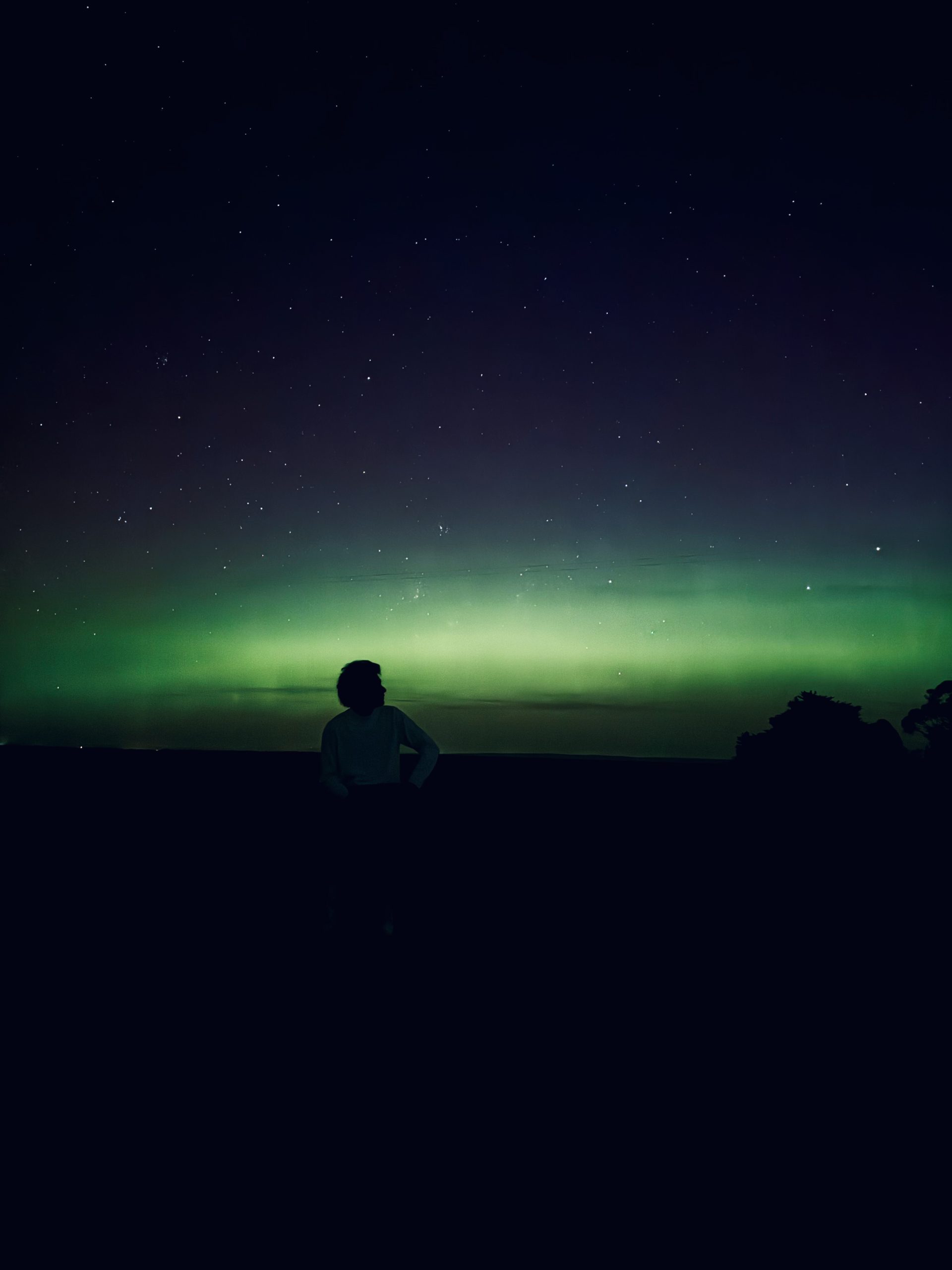 Person silhouetted under a glowing green night sky in rural Victoria.
