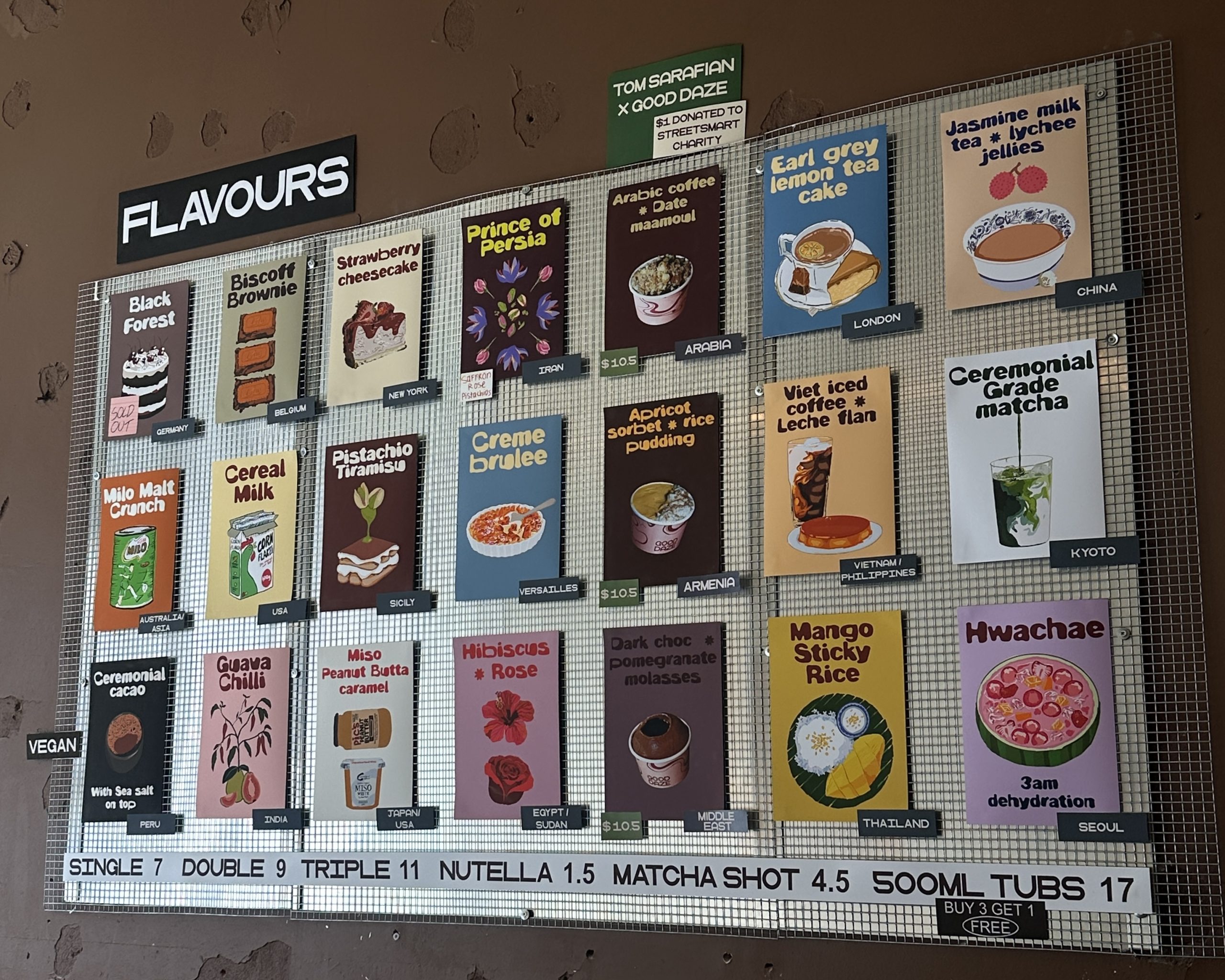 21 flavours of gelato flavours on a board