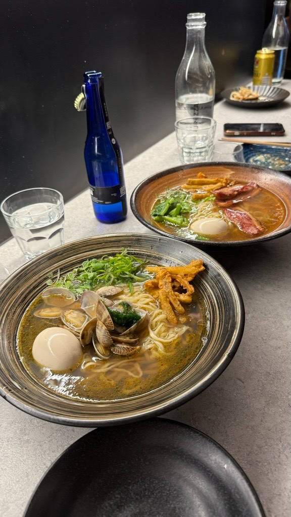 Delicate clam shoyu ramen with two-week aged wave noodles and half-boiled egg.