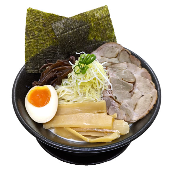 Classic Tonkotsu ramen bowl with perfectly cooked egg, spring onions, and thick chashu pork slices.