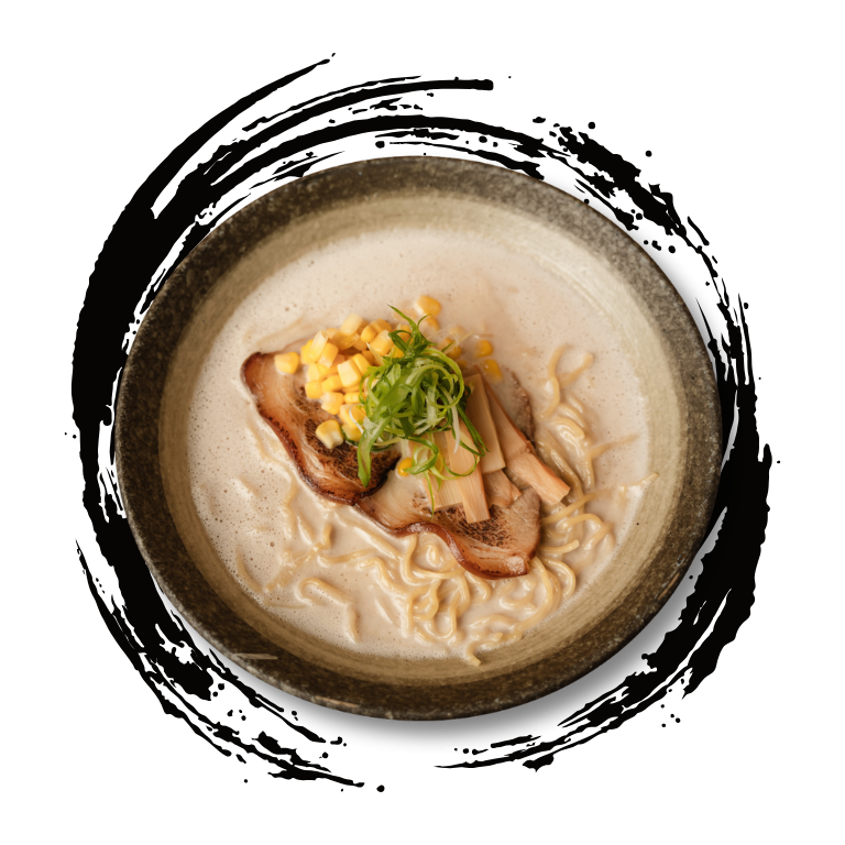 Creamy Tonkotsu ramen bowl from Snow Monkey with corn, pork slices, and a black brush stroke graphic.