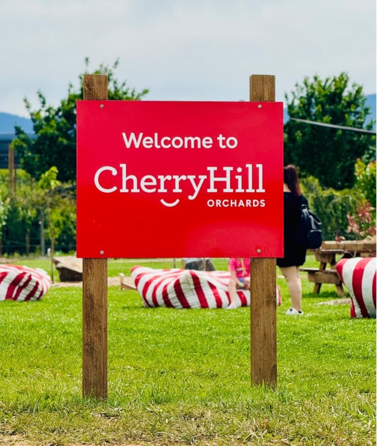 Welcome sign at CherryHill Orchards Coldstream