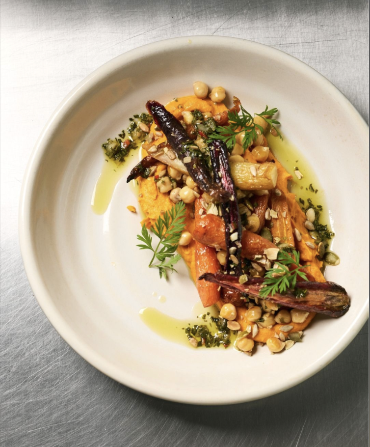 Code Black Coffee Melbourne brunch — roasted heirloom carrots with chickpeas and herb oil at a Melbourne specialty coffee cafe