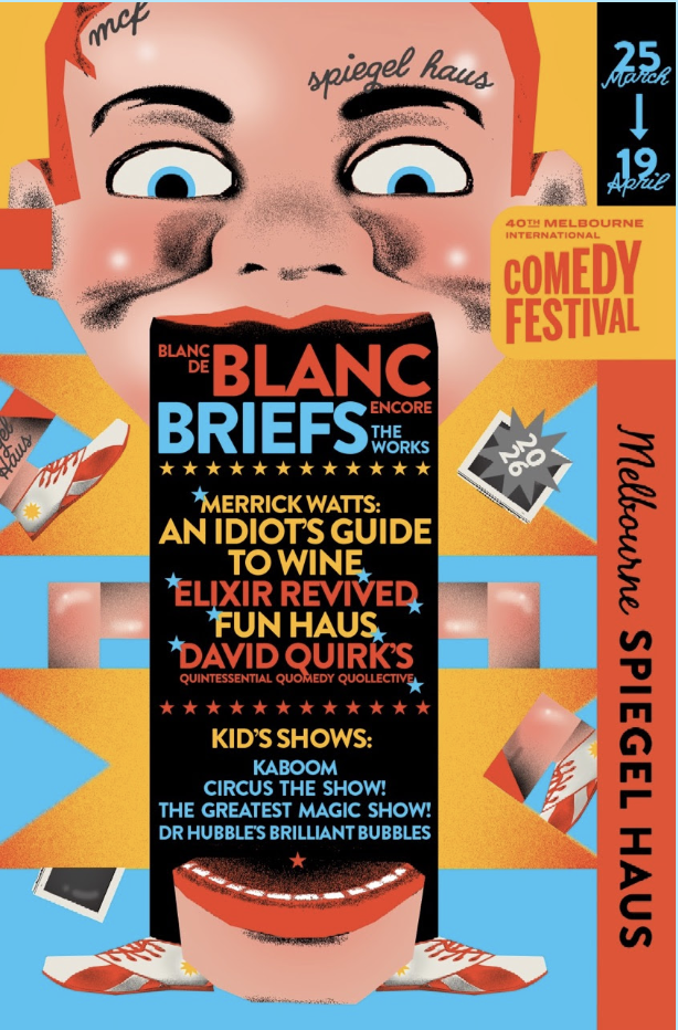 Melbourne Spiegel Haus Comedy Festival lineup poster featuring Blanc de Blanc, Briefs, Elixir Revived, Fun Haus and other comedy and circus shows.