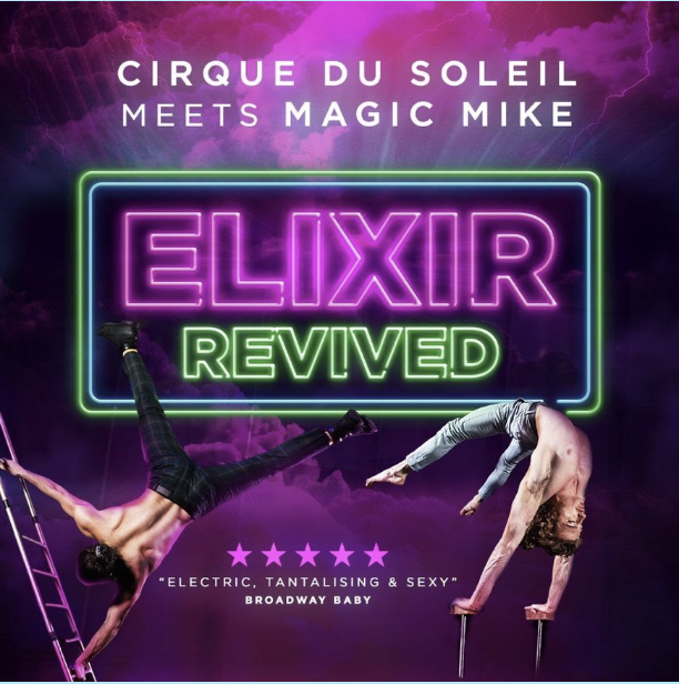 Elixir Revived circus cabaret show poster featuring acrobatic performers at Spiegel Haus Melbourne during the Melbourne International Comedy Festival.