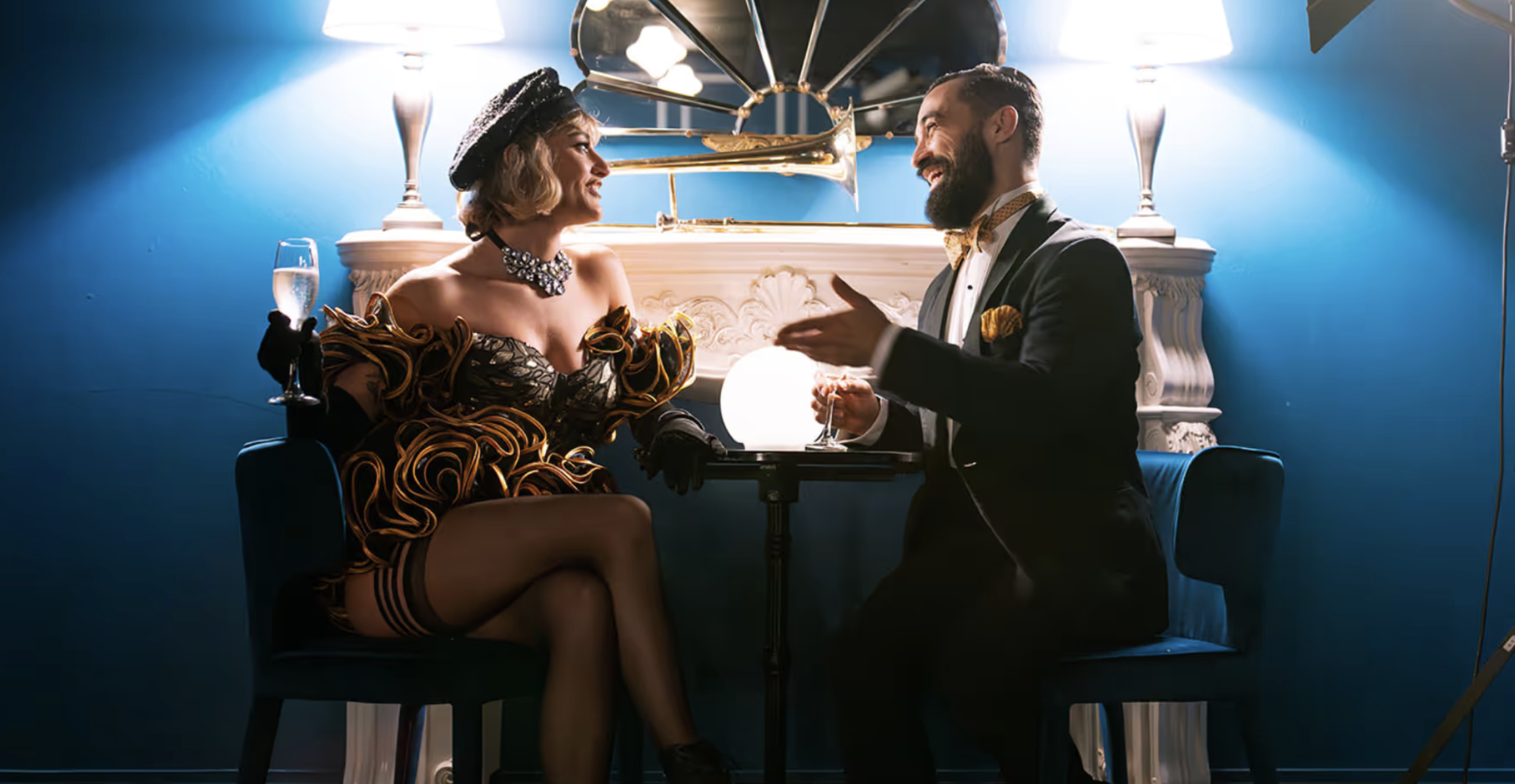 Two elegantly dressed performers at Blanc de Blanc Encore Melbourne Spiegel Haus Comedy Show