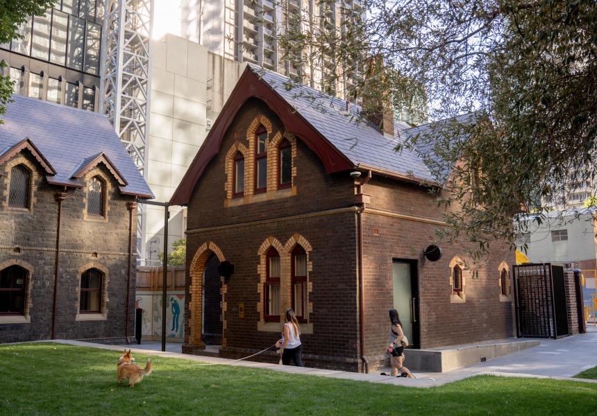 Exterior of Caretaker’s Cottage, hidden bar behind Wesley Church in Melbourne CBD, popular for cocktails, martinis and Guinness.
