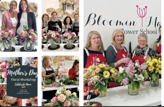 Women holding floral arrangements at Bloomin' Marvellous Mother's Day floristry workshop in Malvern East Melbourne Location: Malvern East