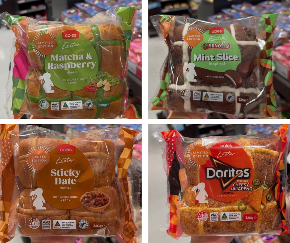 Coles limited edition Easter hot cross buns 2026 Matcha Raspberry Mint Slice Sticky Date Doritos Cheesy Jalapeno