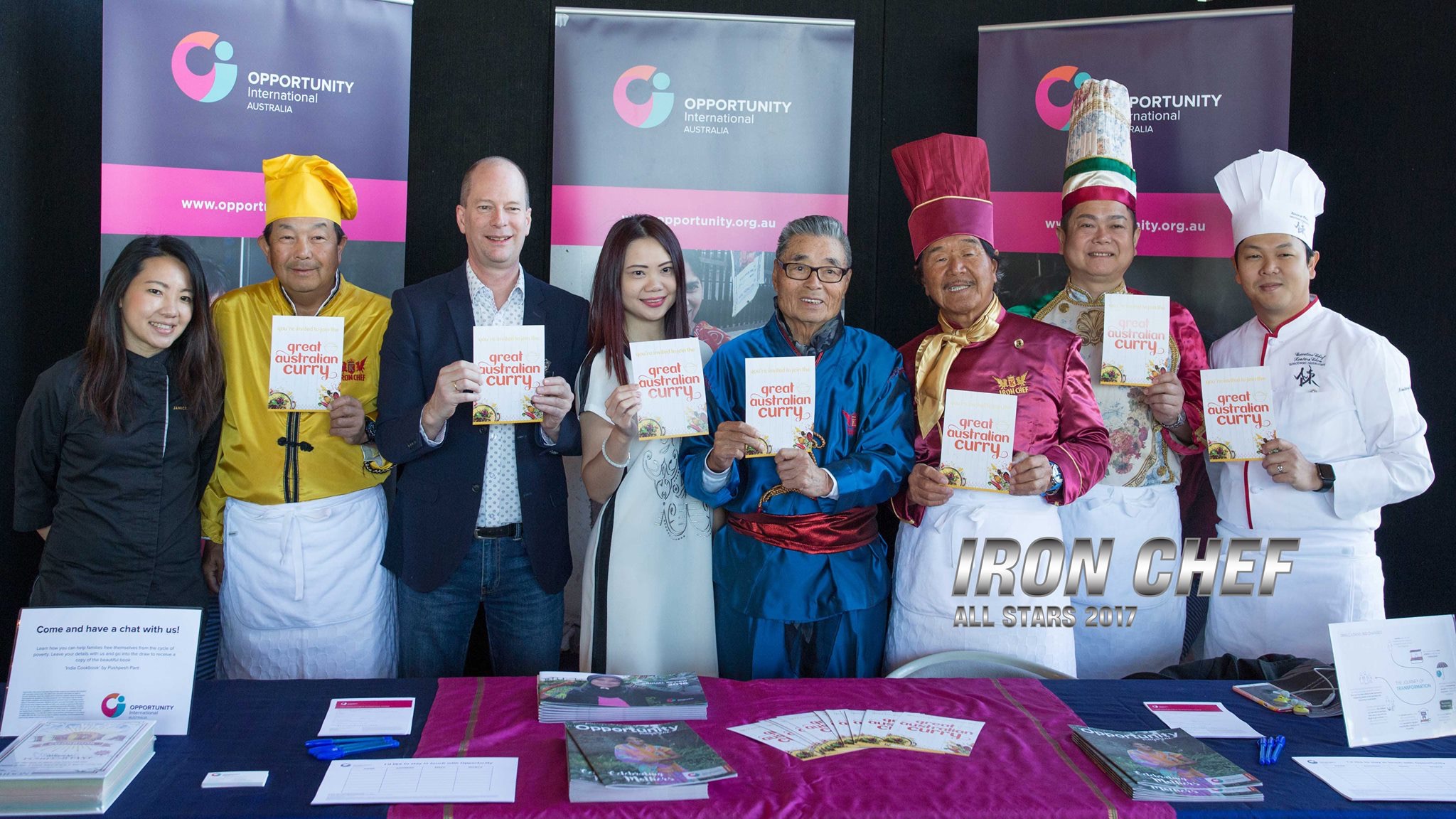 Roslyn Foo, Victorian Ambassador of Opportunity International Australia and Ant Clark, with the Original Iron Chefs Kenichi Chen, Rokusaburo Michiba, Hiroyuki Sakai and Masahiko Kobe and Dessert Chef Janice Wong at Sydney Opera House.
