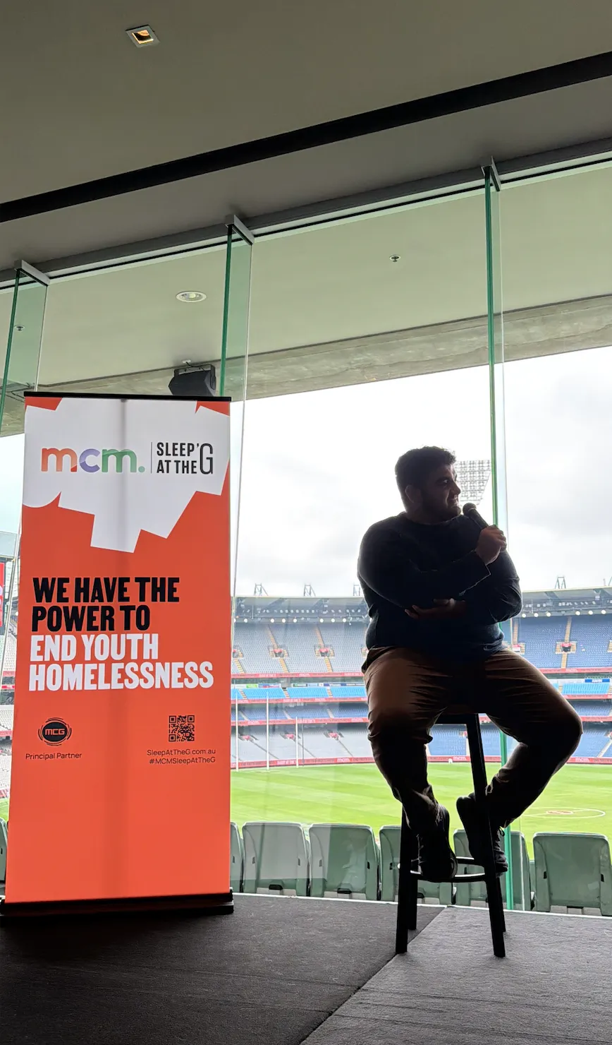 MCM Sleep at the G 2026 launch event advocate sharing lived experience of youth homelessness at the Melbourne Cricket Ground
