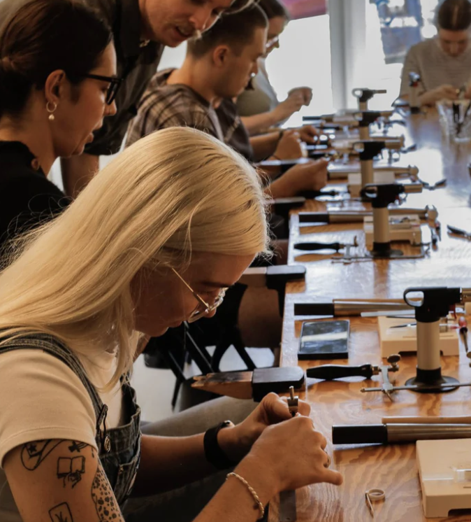 Women crafting handmade silver rings at Blonde Store jewellery making class in Fitzroy Melbourne