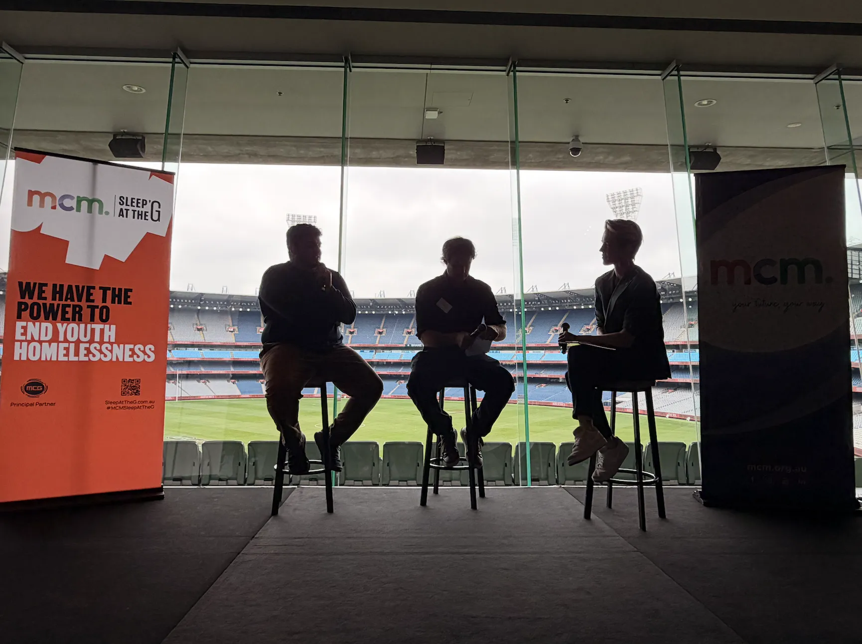 Panel discussion at the MCM Sleep at the G 2026 launch event at the MCG with advocates sharing youth homelessness lived experiences