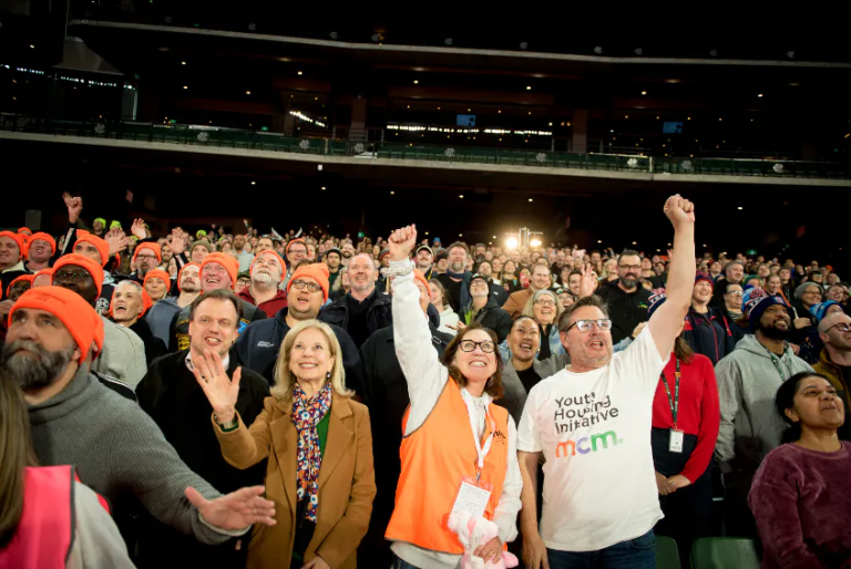 Crowd celebrating at Sleep at the G 2026 Melbourne City Mission Youth Housing Initiative fundraiser at the Melbourne Cricket Ground