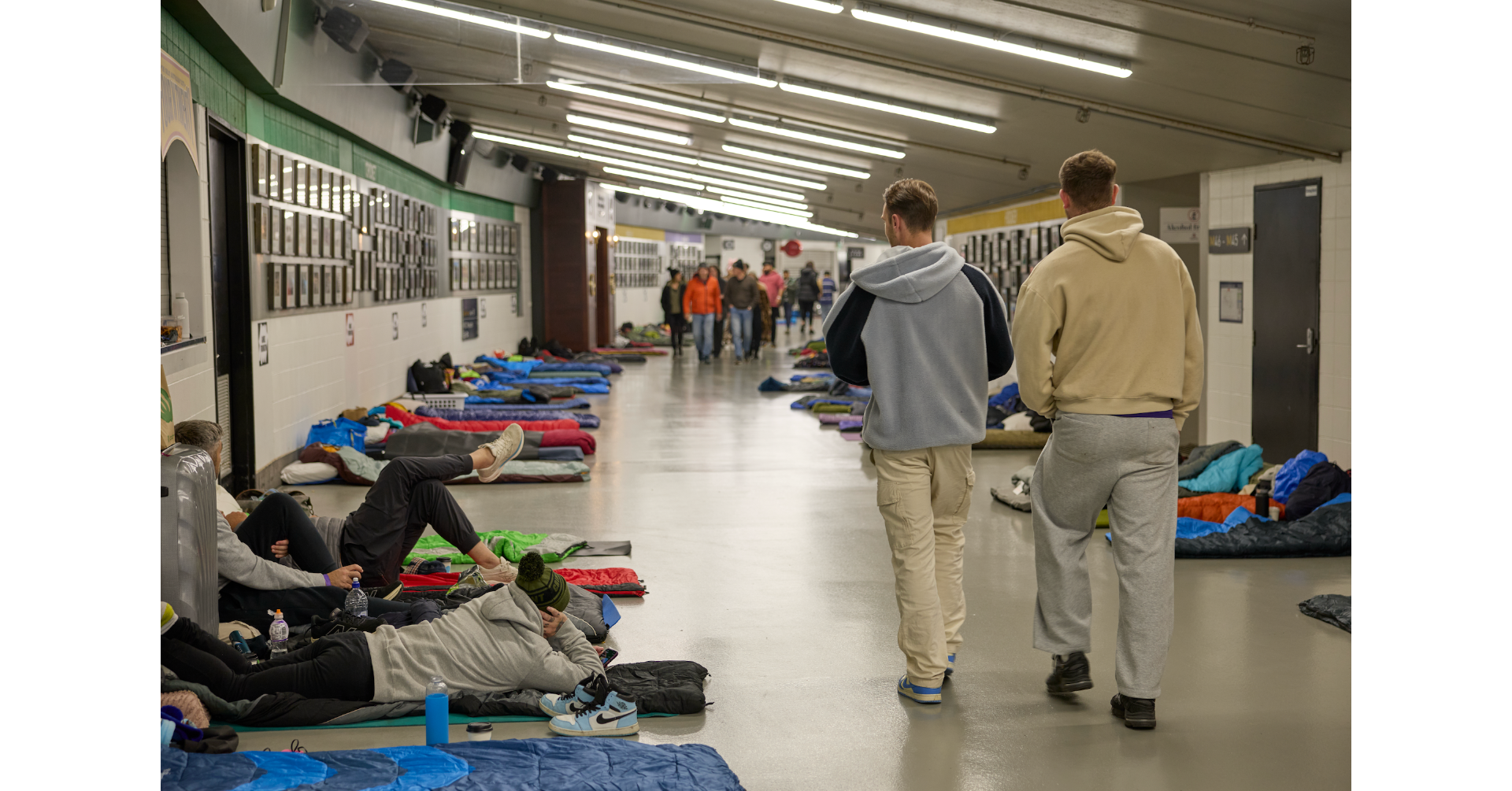 Sleep at the G 2026 participants lying on sleeping bags along the Melbourne Cricket Ground corridor overnight for MCM youth homelessness fundraiser