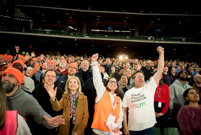 Crowd celebrating at Sleep at the G 2026 Melbourne City Mission Youth Housing Initiative fundraiser at the Melbourne Cricket Ground