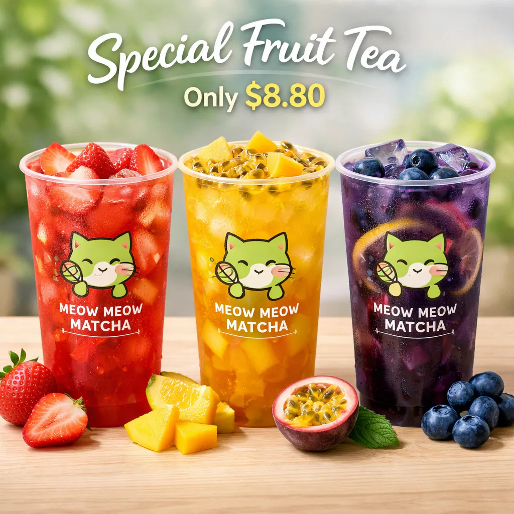 Meow Meow Matcha signature fruit tea $8.80 deal at Hawker 88 Night Market Melbourne in strawberry mango and blueberry flavours