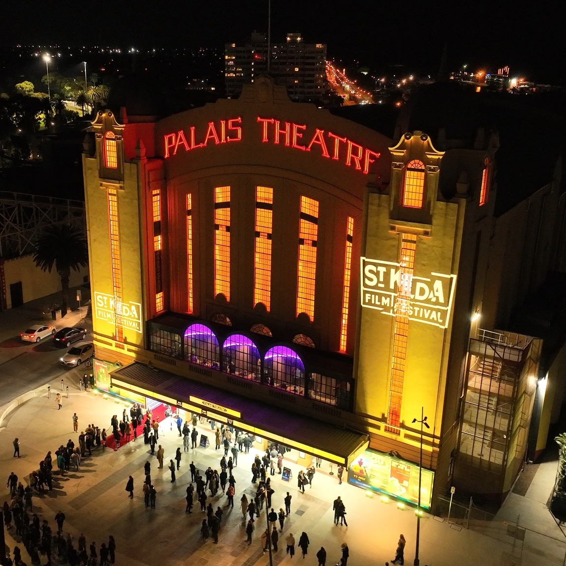 Aerial view of the Palais Theatre St Kilda Melbourne on opening night of St Kilda Film Festival 2026