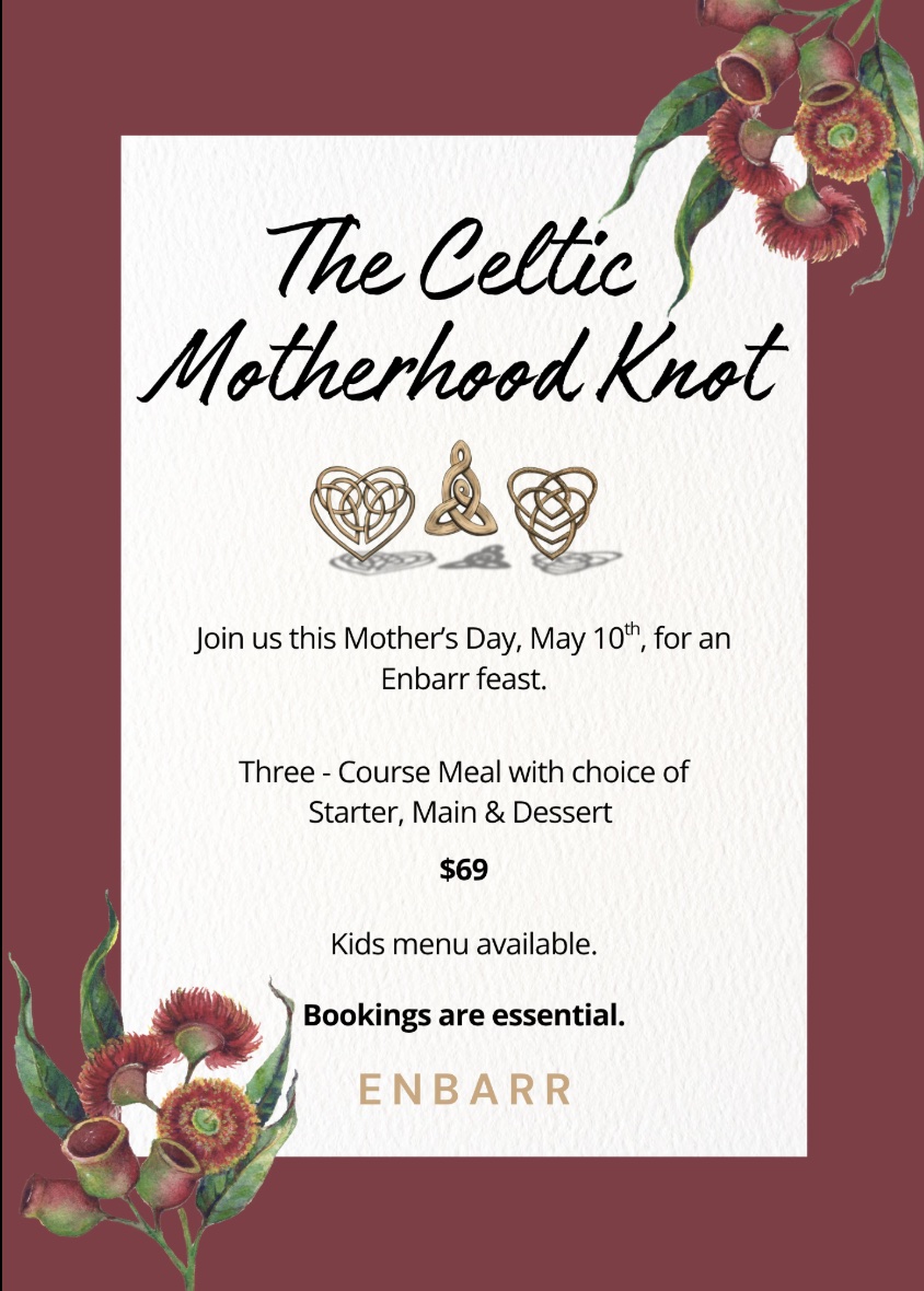 Enbarr restaurant Mother's Day promotional flyer showing The Celtic Motherhood Knot three-course menu in Kensington Melbourne