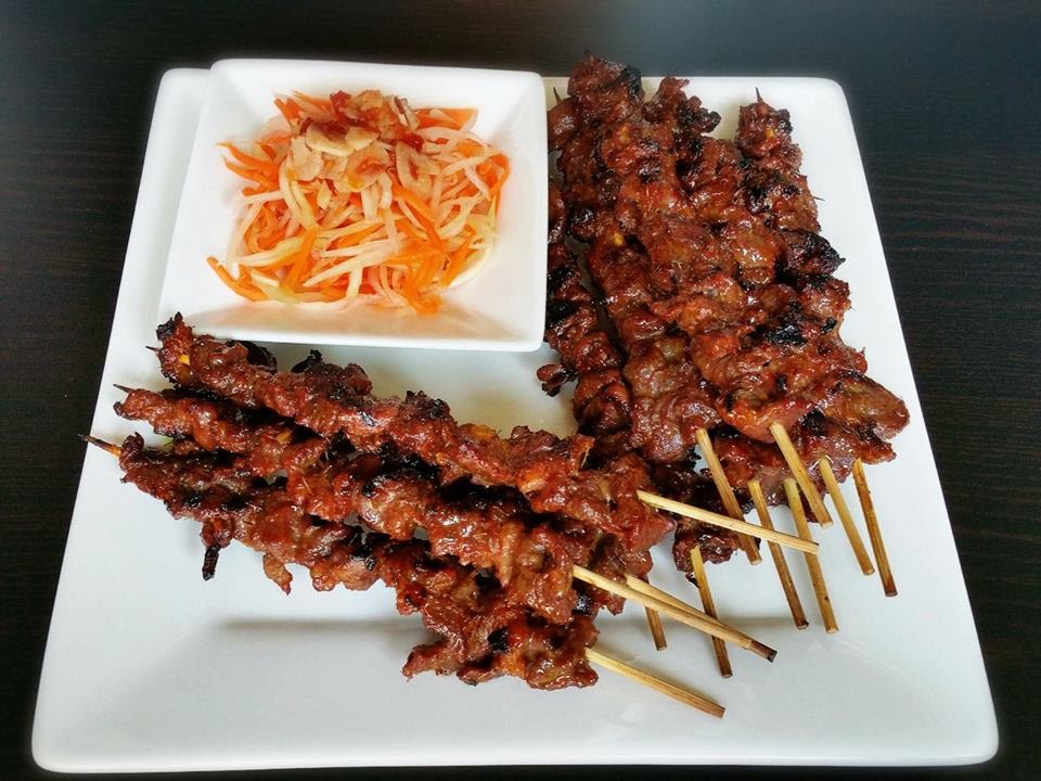 Flamin Skewers Cambodian chicken skewer with pickled salad $8.80 at Hawker 88 Night Market Melbourne