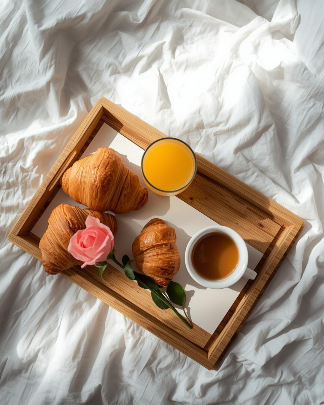 Mother's Day breakfast in bed with fresh croissants, orange juice, coffee and a pink rose on a wooden tray