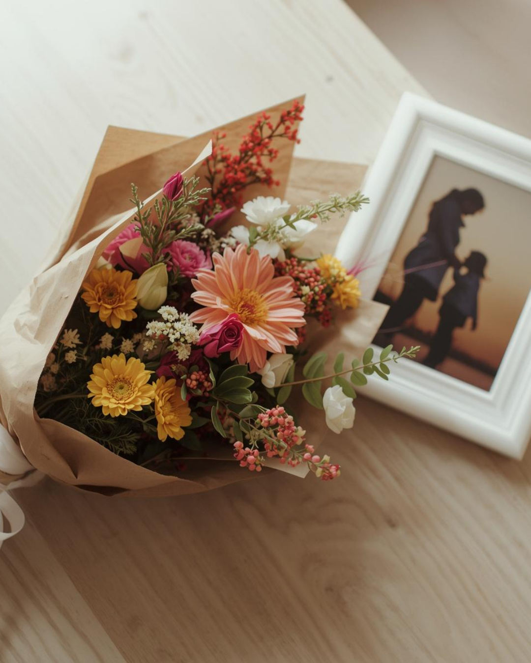 Framed family photo beside a hand-tied flower bouquet wrapped in brown paper as a last-minute Mother's Day gift in Melbourne