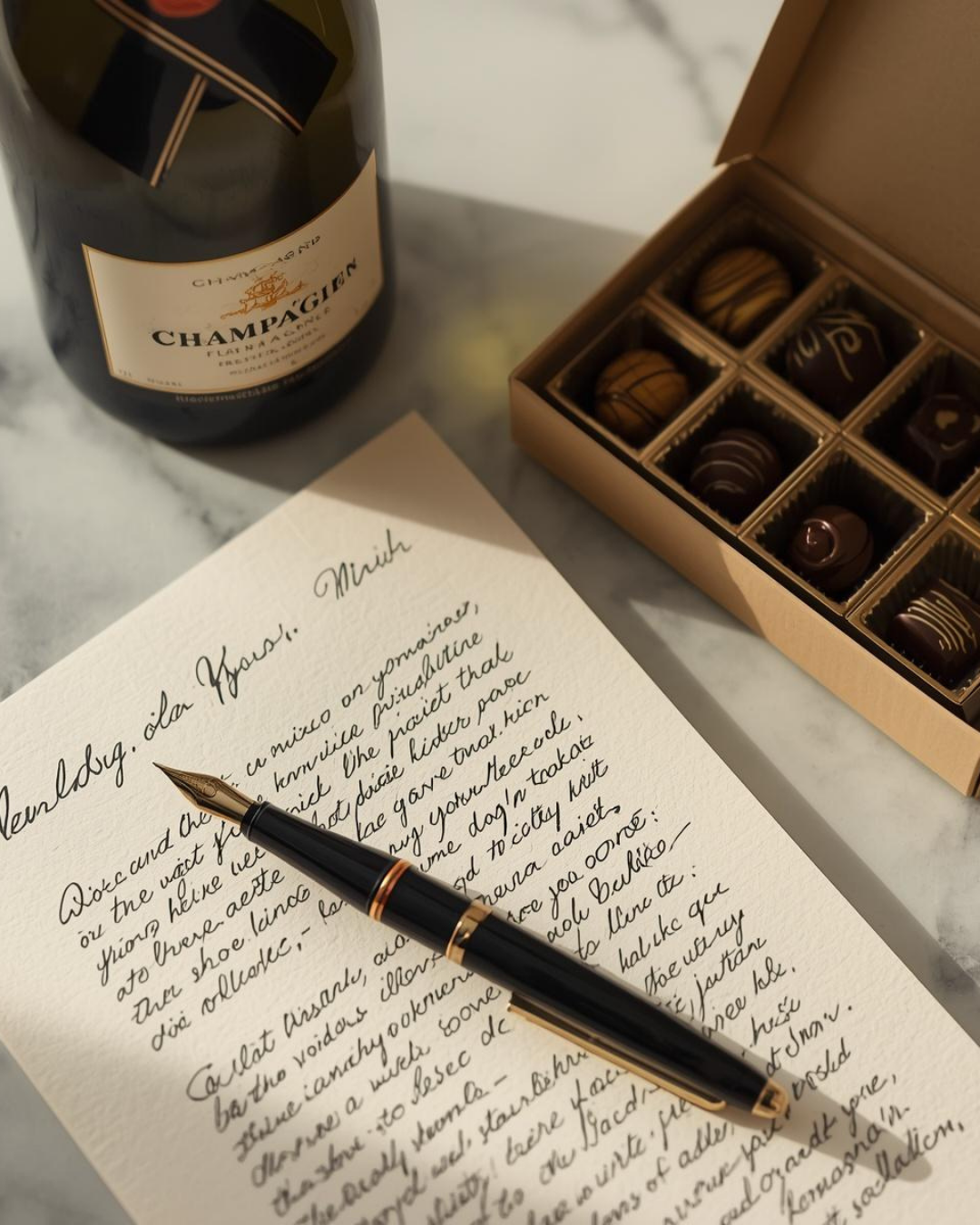 Handwritten Mother's Day letter on cream paper beside a bottle of Moët champagne and Koko Black chocolates